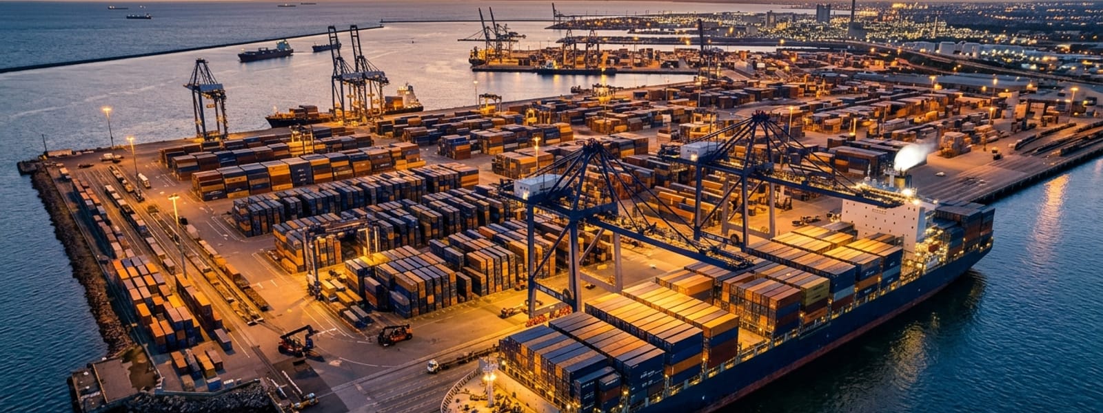 Aerial view of a global trade port at dusk with cargo containers and a container ship